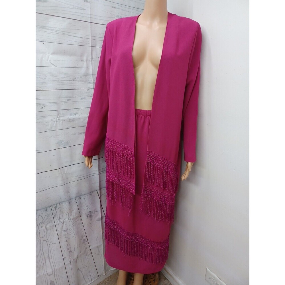 Tempest Clothing Pink Fringed Suit Set Cardigan Jacket Skirt Sz S